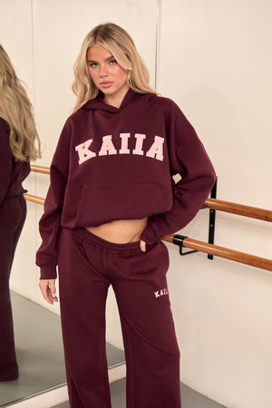 Kaiia Slogan Oversized Hoodie Berry Brown & Pink