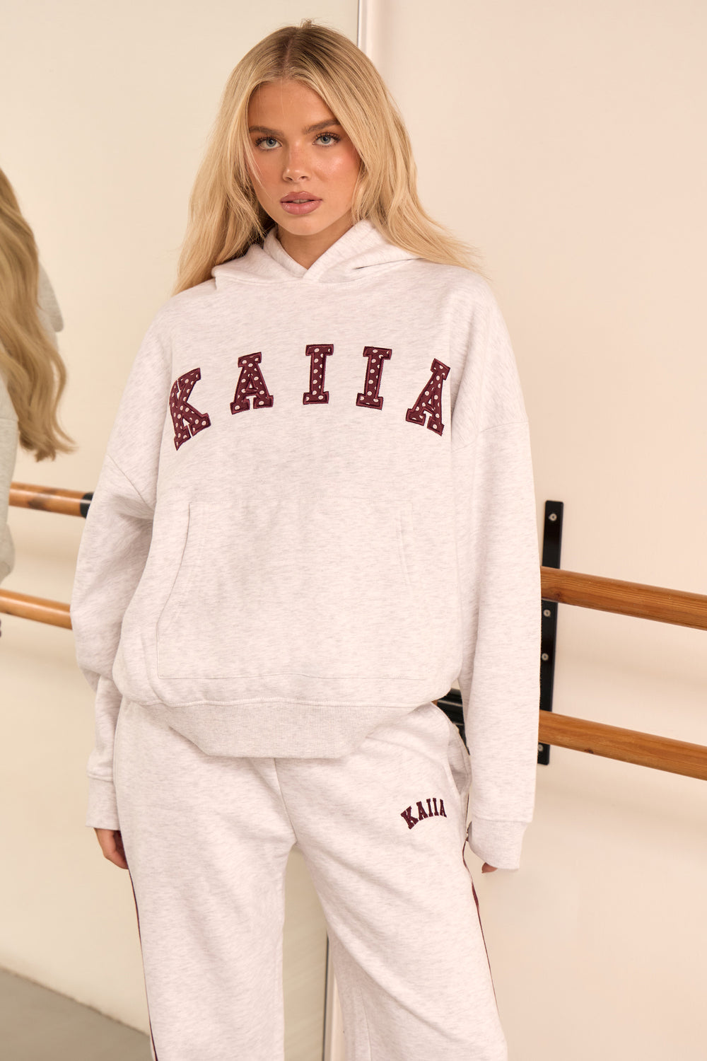 Kaiia Polka Dot Detail Oversized Hoodie Light Grey Marl & Burgundy