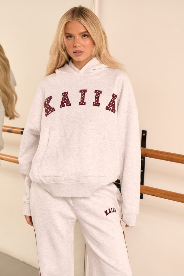 Kaiia Polka Dot Detail Oversized Hoodie Light Grey Marl & Burgundy