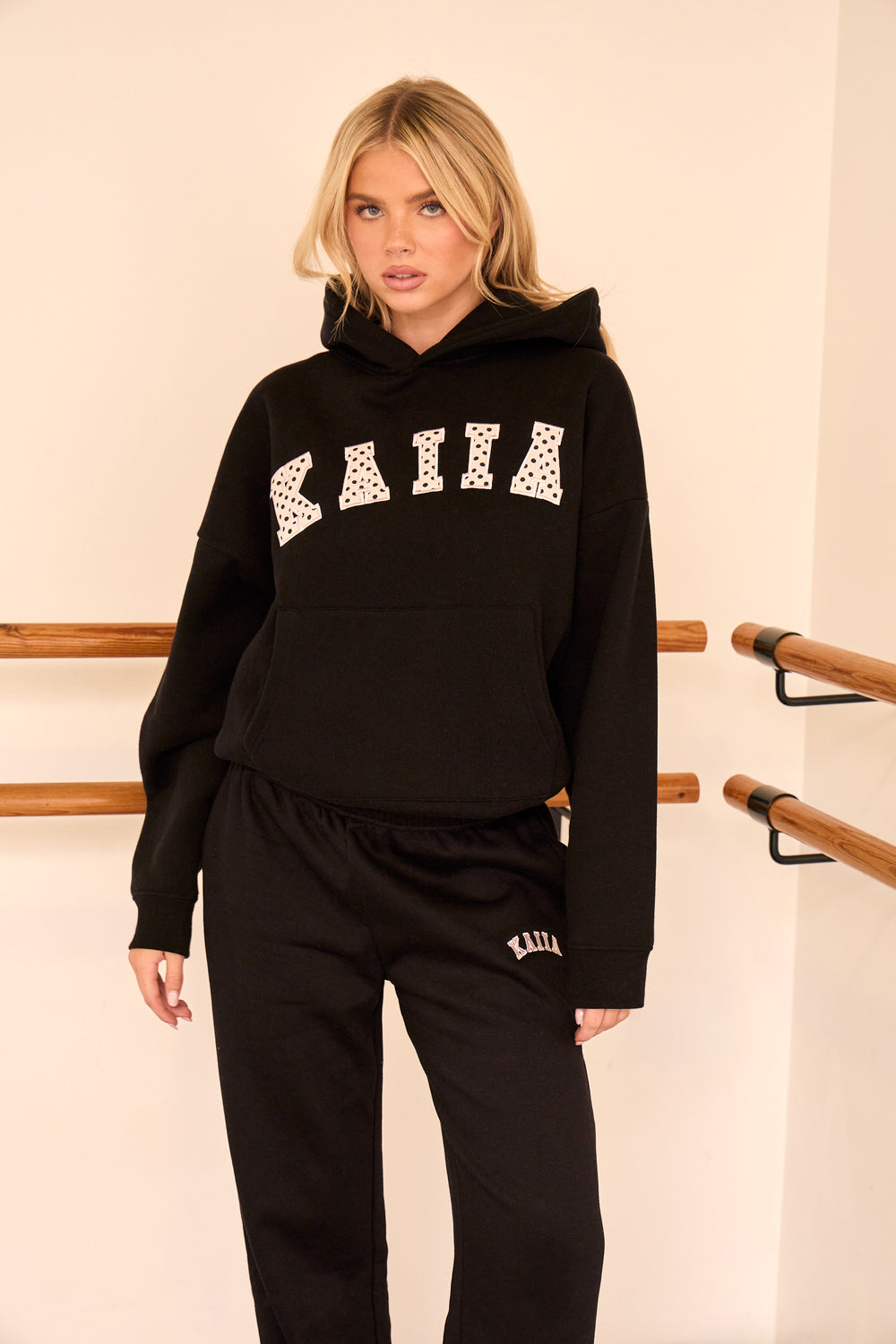 Kaiia Polka Dot Detail Oversized Hoodie Black & Baby Pink