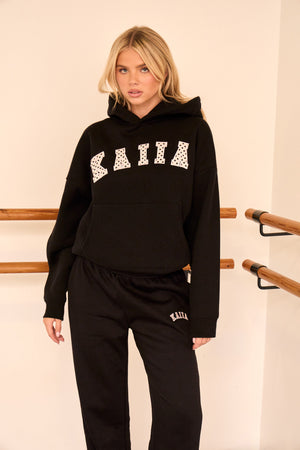 Kaiia Polka Dot Detail Oversized Hoodie Black & Baby Pink