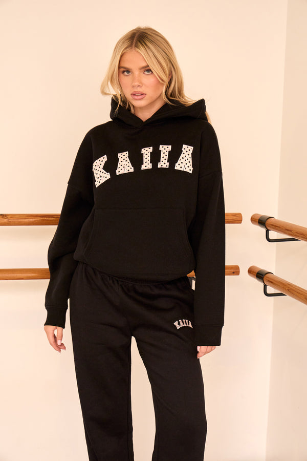 Kaiia Polka Dot Detail Oversized Hoodie Black & Baby Pink