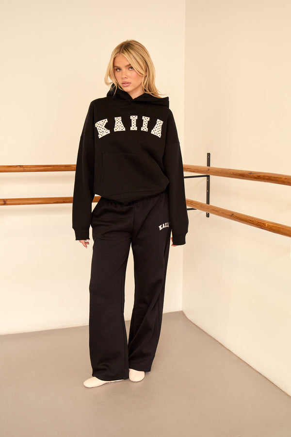 Kaiia Polka Dot Detail Oversized Hoodie Black & Baby Pink