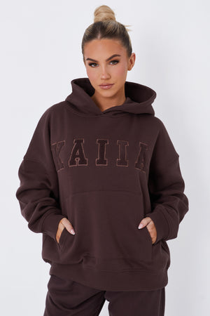 Kaiia Borg Slogan Oversized Hoodie Brown