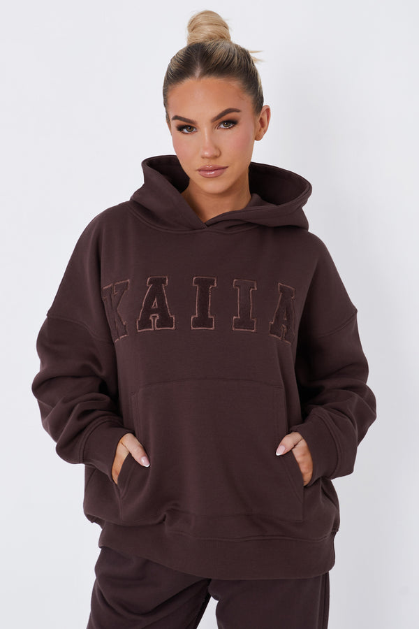 Kaiia Borg Slogan Oversized Hoodie Brown