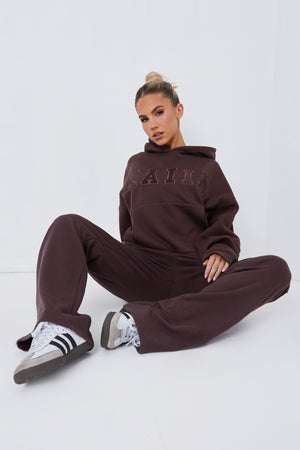 Kaiia Borg Slogan Oversized Hoodie Brown