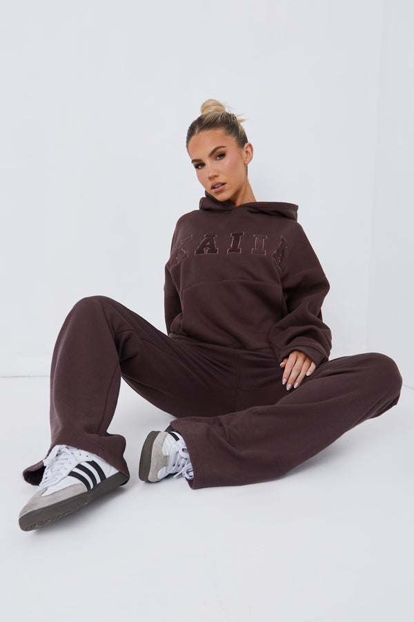 Kaiia Borg Slogan Oversized Hoodie Brown