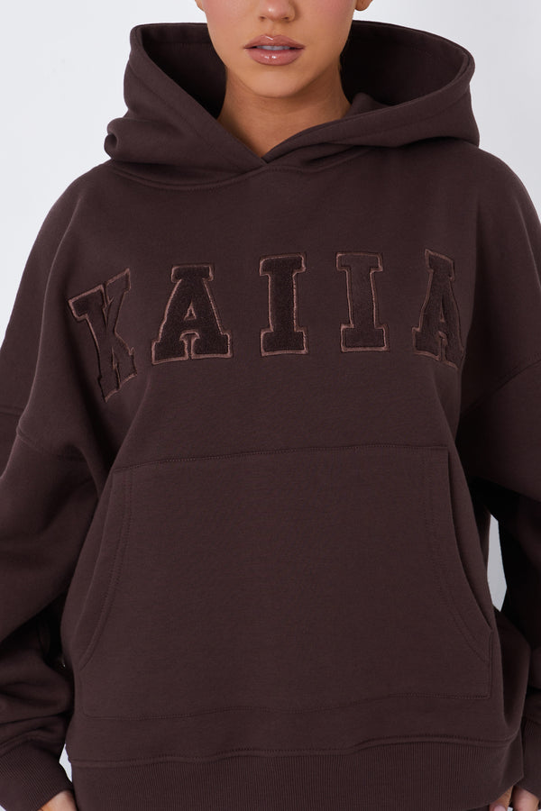 Kaiia Borg Slogan Oversized Hoodie Brown