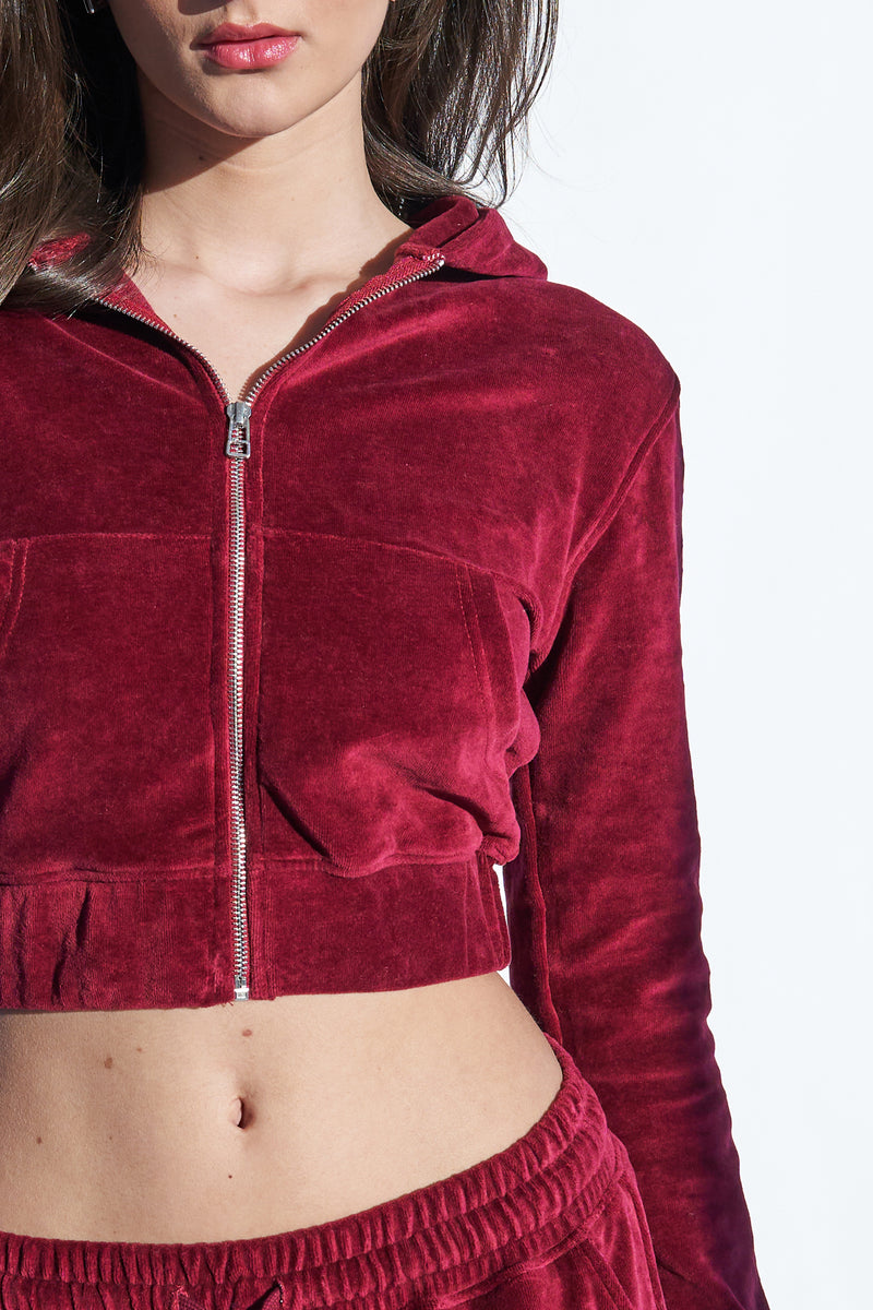 Velour Slim Fit Zip Through Cropped Hoodie Cherry Red