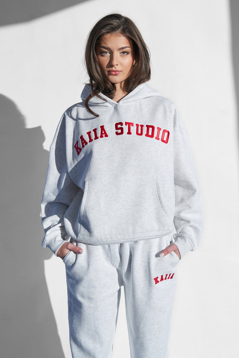 Kaiia Studio Hoodie Light Grey Marl and Red