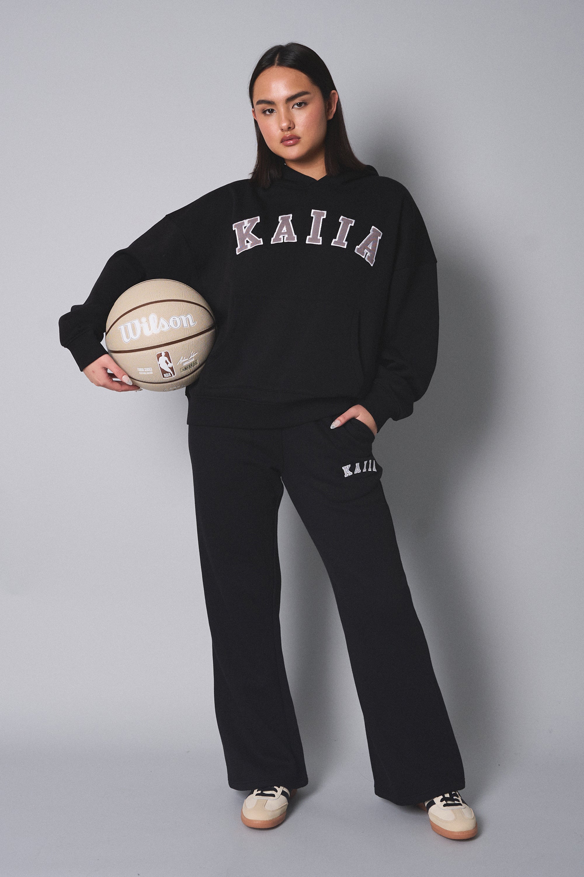 Kaiia Slogan Oversized Hoodie Black with Grey