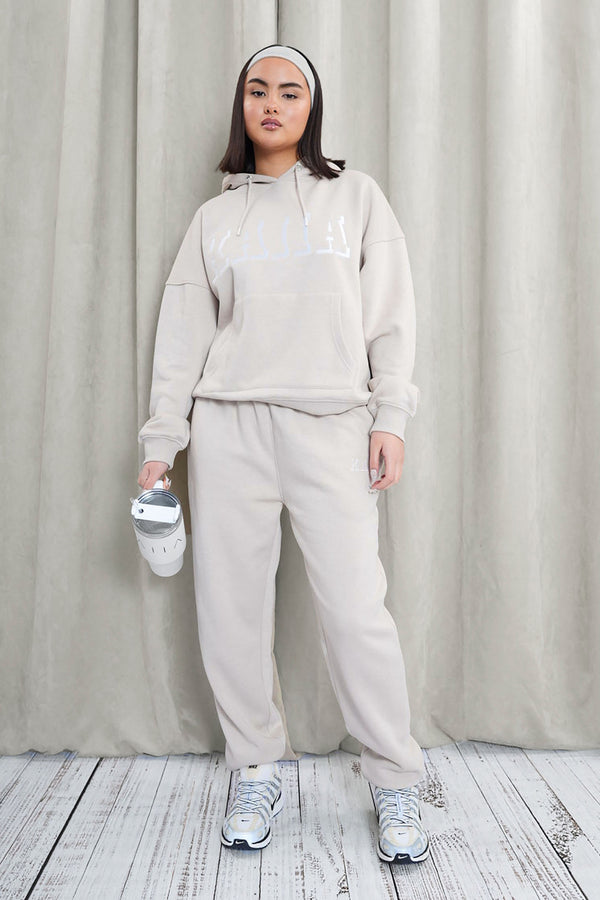 Kaiia Shadow Logo Oversized Drawstring Hoodie Stone