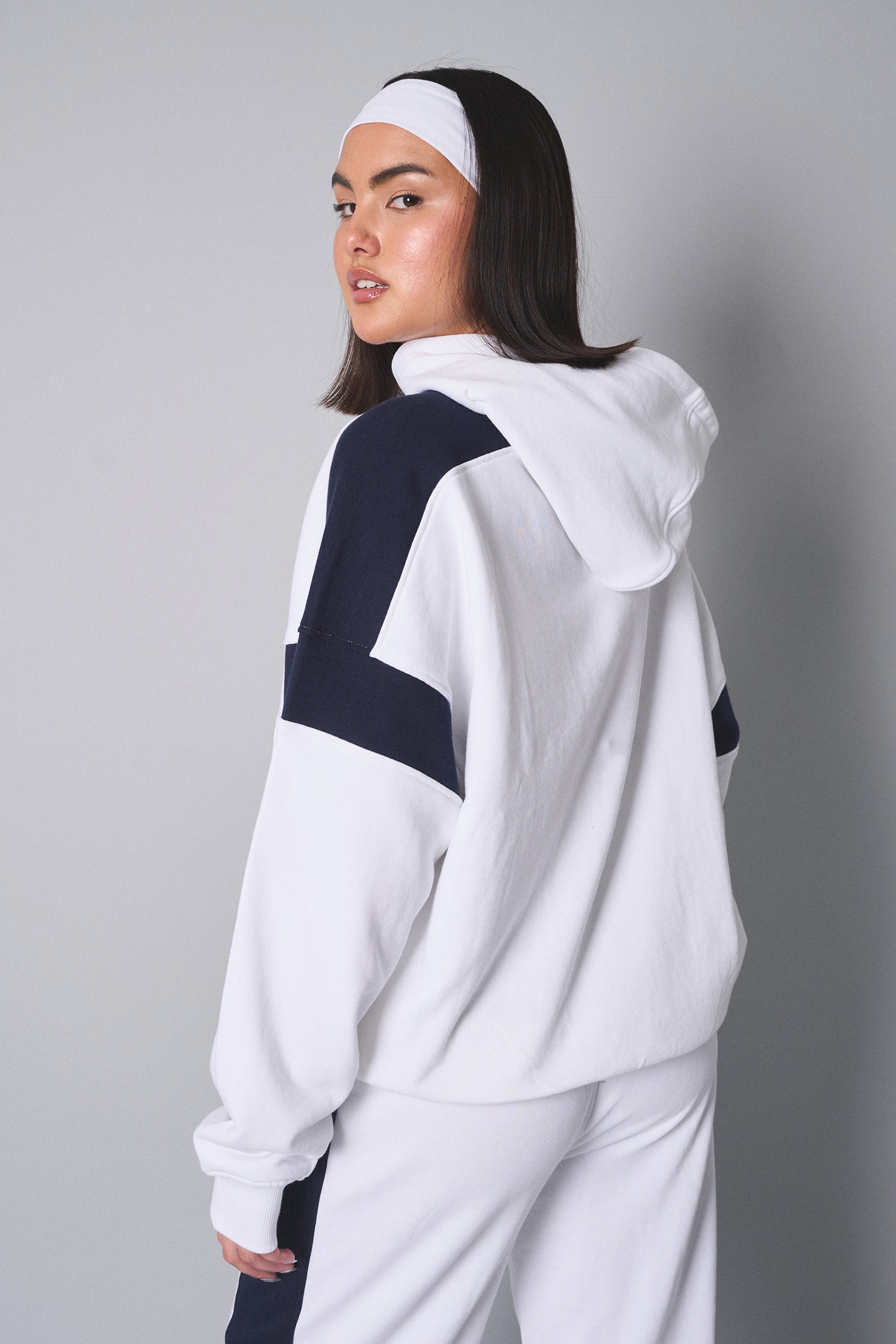 Kaiia Sport Contrast Panel Oversized Hoodie White with Navy