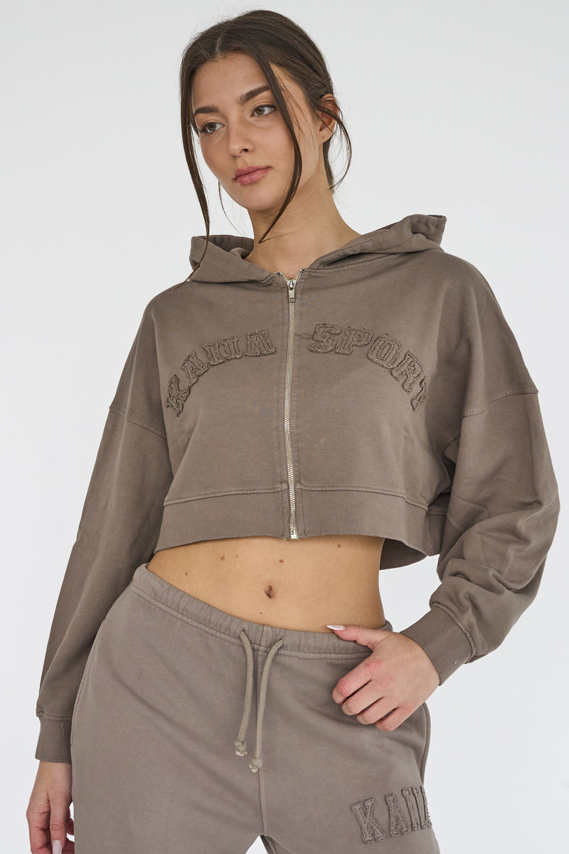 Kaiia Sport Distressed Applique Cropped Hoodie Mushroom