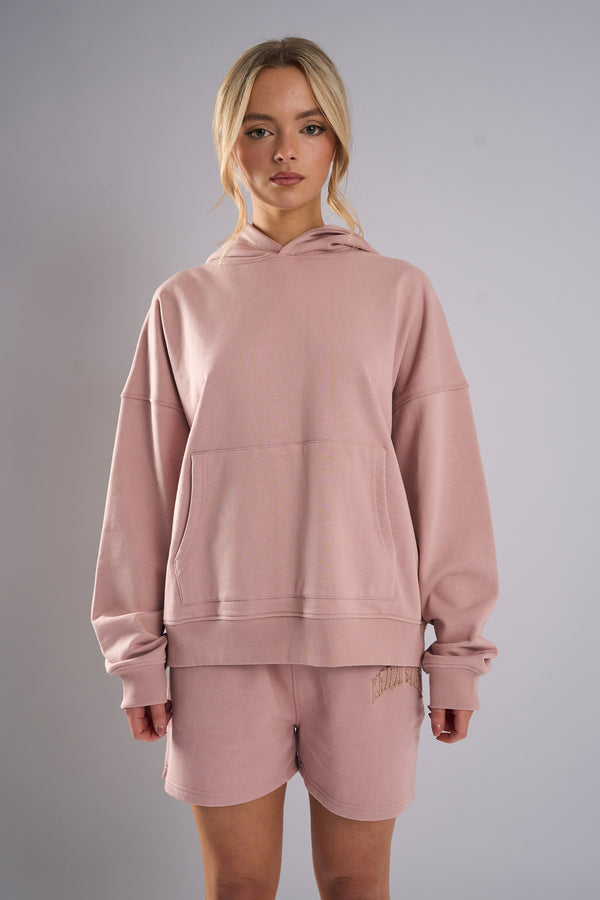 Kaiia Studio Back Distressed Applique Logo Hoodie Blush