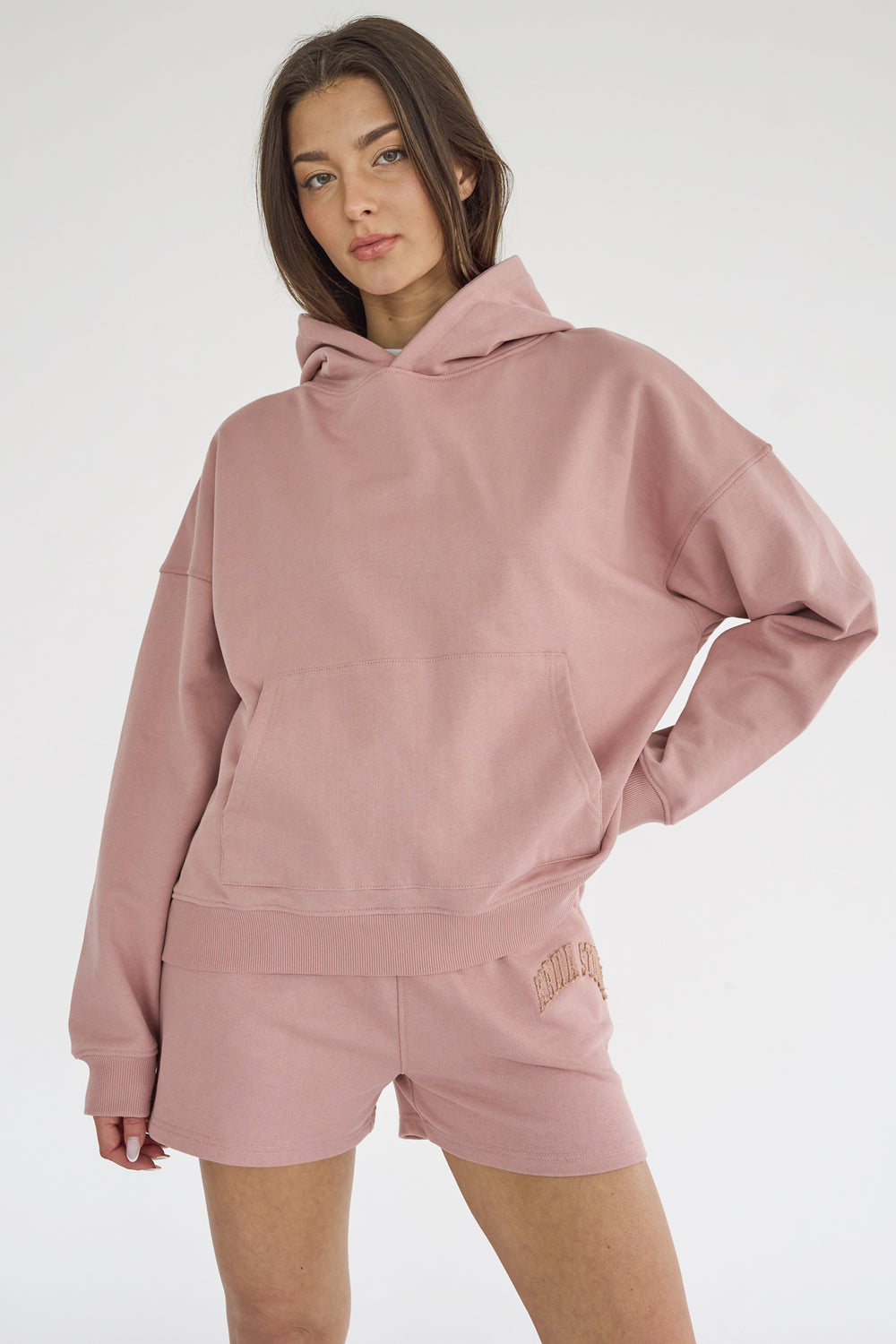 Kaiia Studio Back Distressed Applique Logo Hoodie Blush