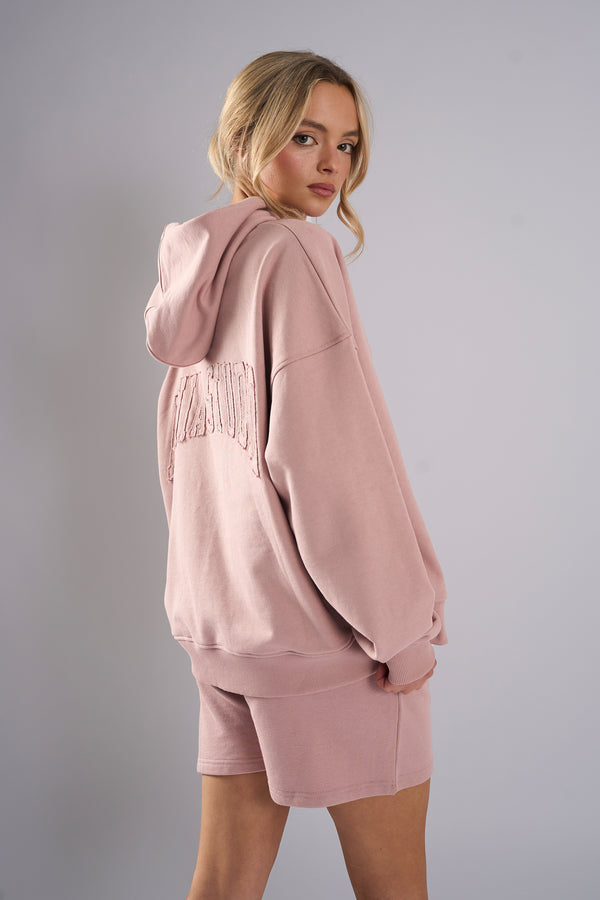 Kaiia Studio Back Distressed Applique Logo Hoodie Blush