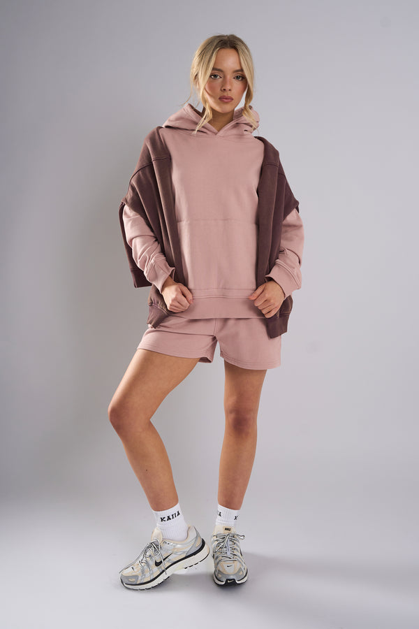 Kaiia Studio Back Distressed Applique Logo Hoodie Blush