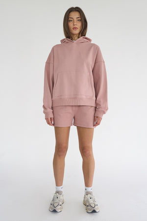 Kaiia Studio Back Distressed Applique Logo Hoodie Blush