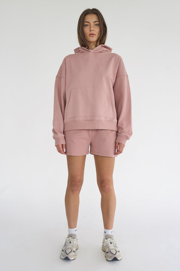 Kaiia Studio Back Distressed Applique Logo Hoodie Blush