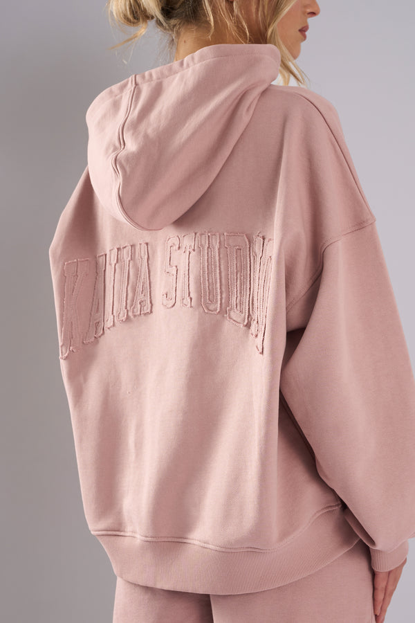 Kaiia Studio Back Distressed Applique Logo Hoodie Blush