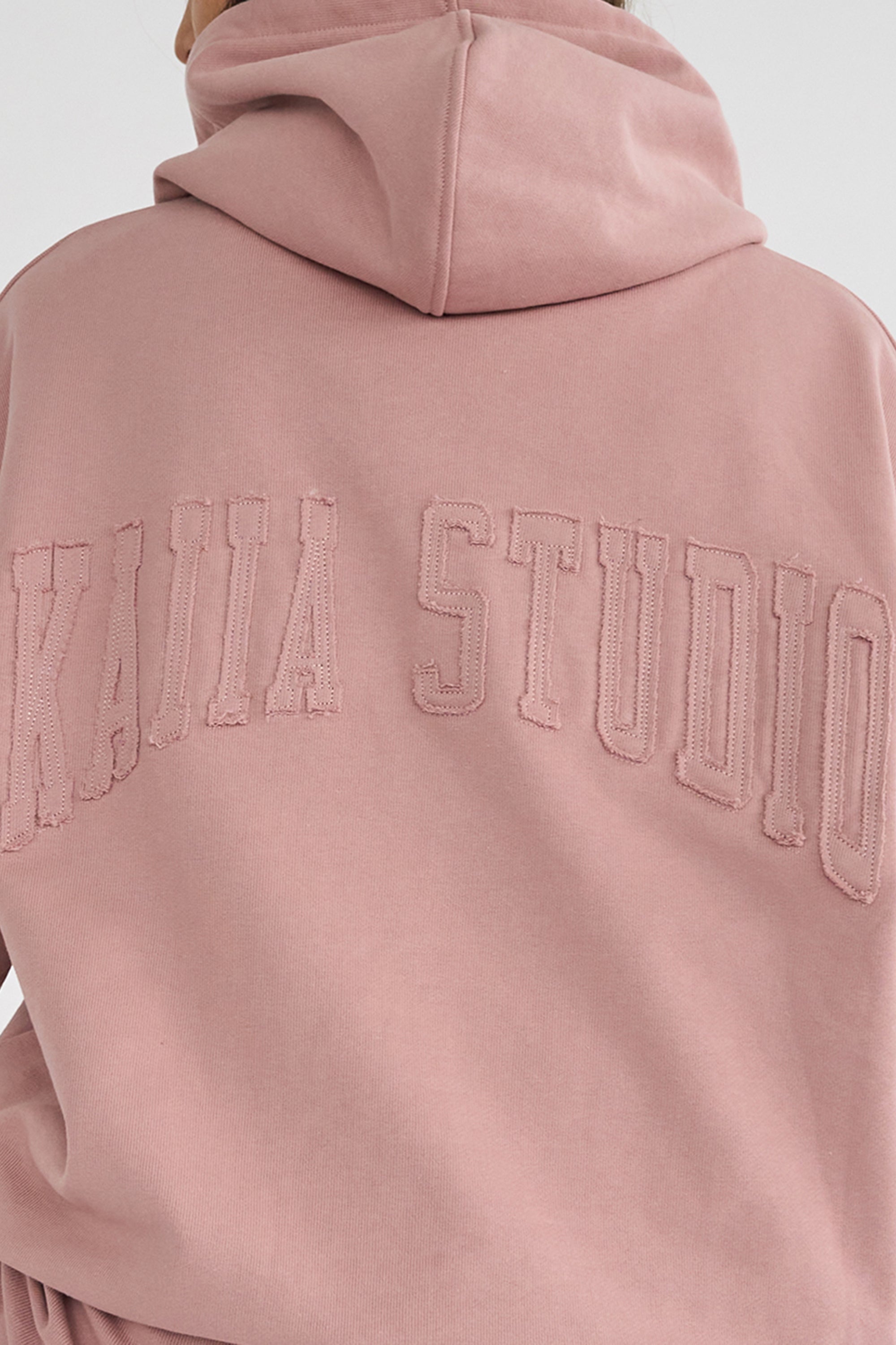 Kaiia Studio Back Distressed Applique Logo Hoodie Blush