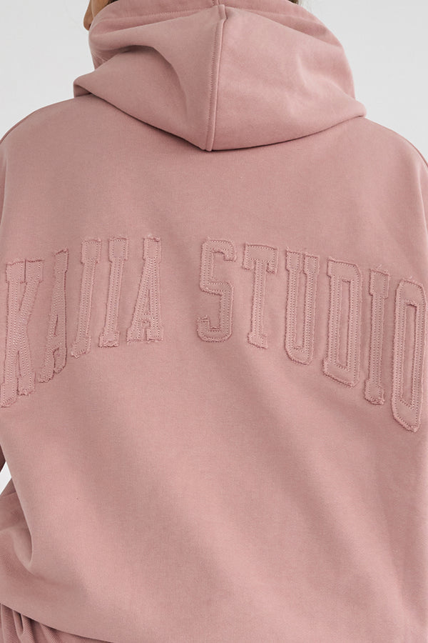 Kaiia Studio Back Distressed Applique Logo Hoodie Blush