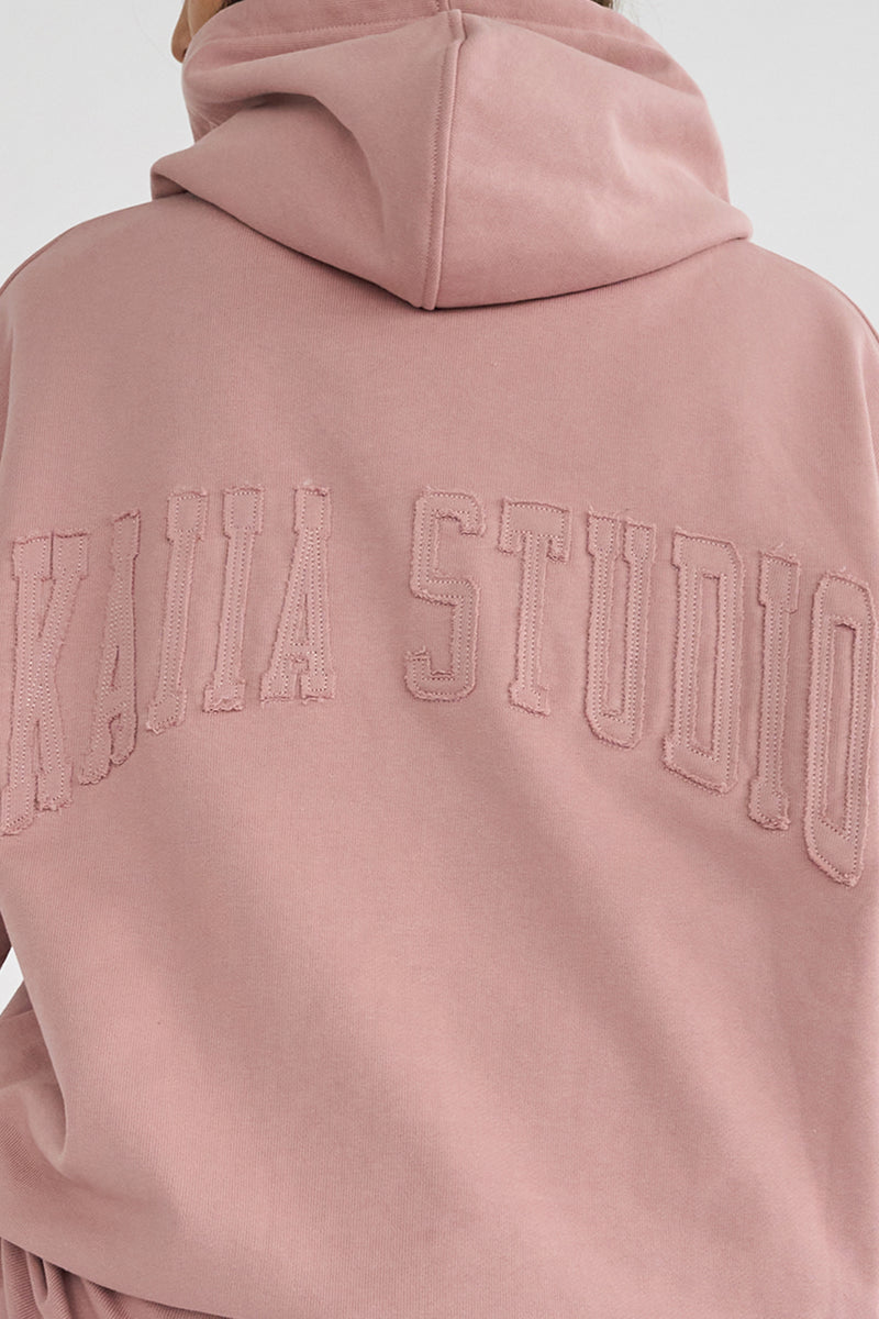 Kaiia Studio Back Distressed Applique Logo Hoodie Blush