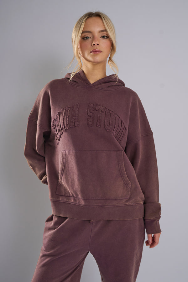 Kaiia Studio Distressed Applique Hoodie Plum