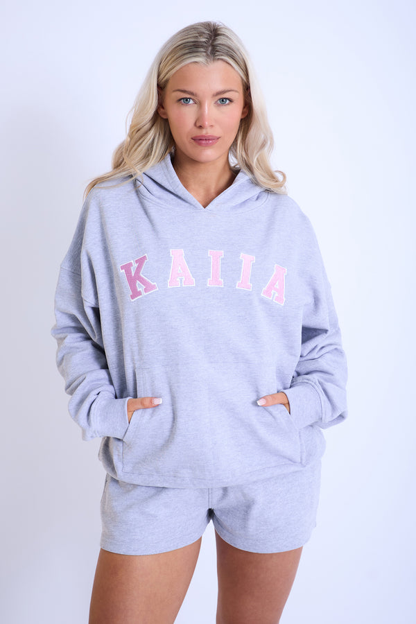 Kaiia Slogan Oversized Hoodie Grey Marl & Pink