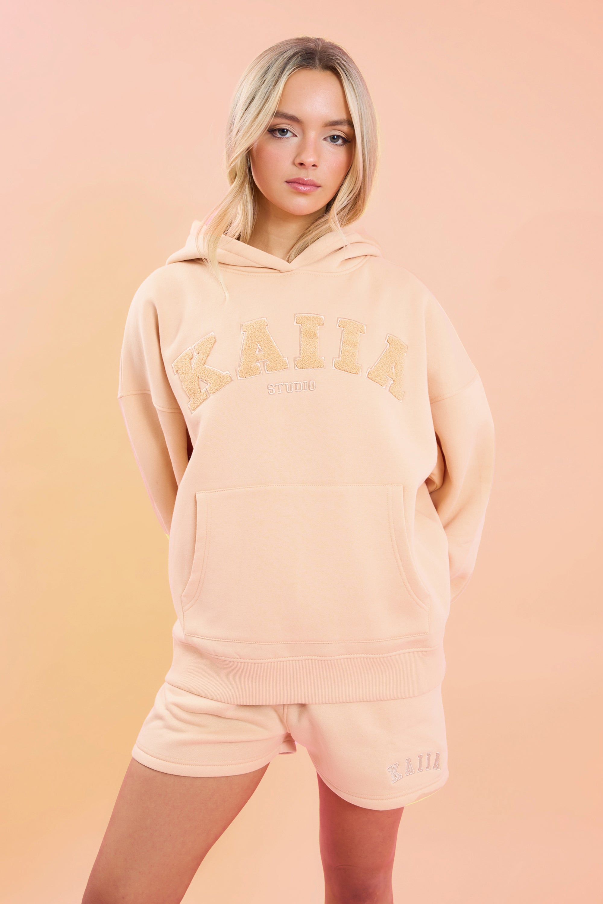 Kaiia Studio Borg Slogan Oversized Hoodie Peach