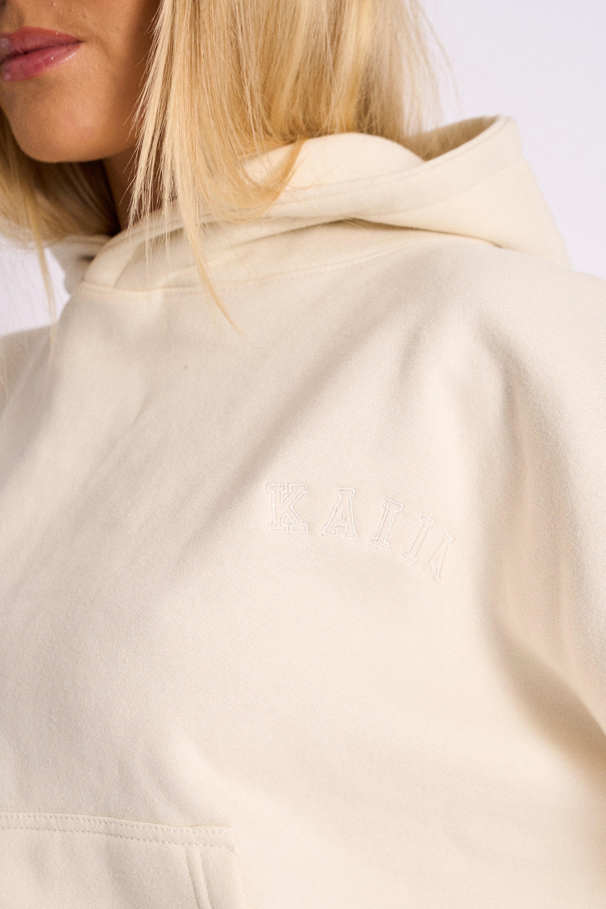 Kaiia Logo Embossed Oversized Hoodie Cream Kaiia