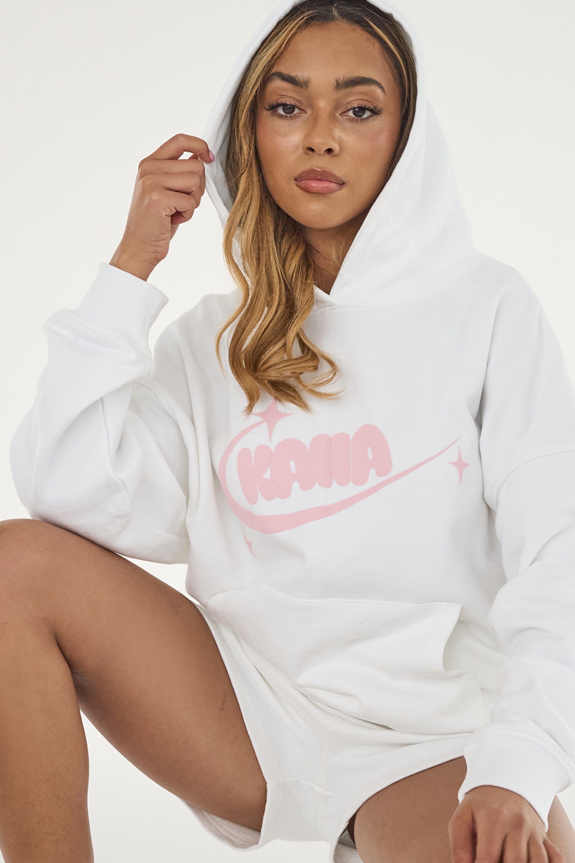 Kaiia Star Bubble Logo Oversized Hoodie White & Baby Pink