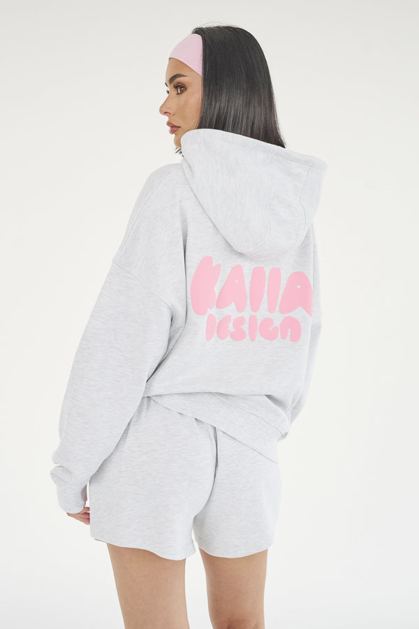 Kaiia Design Bubble Logo Oversized Hoodie Lt Grey Marl & Pink