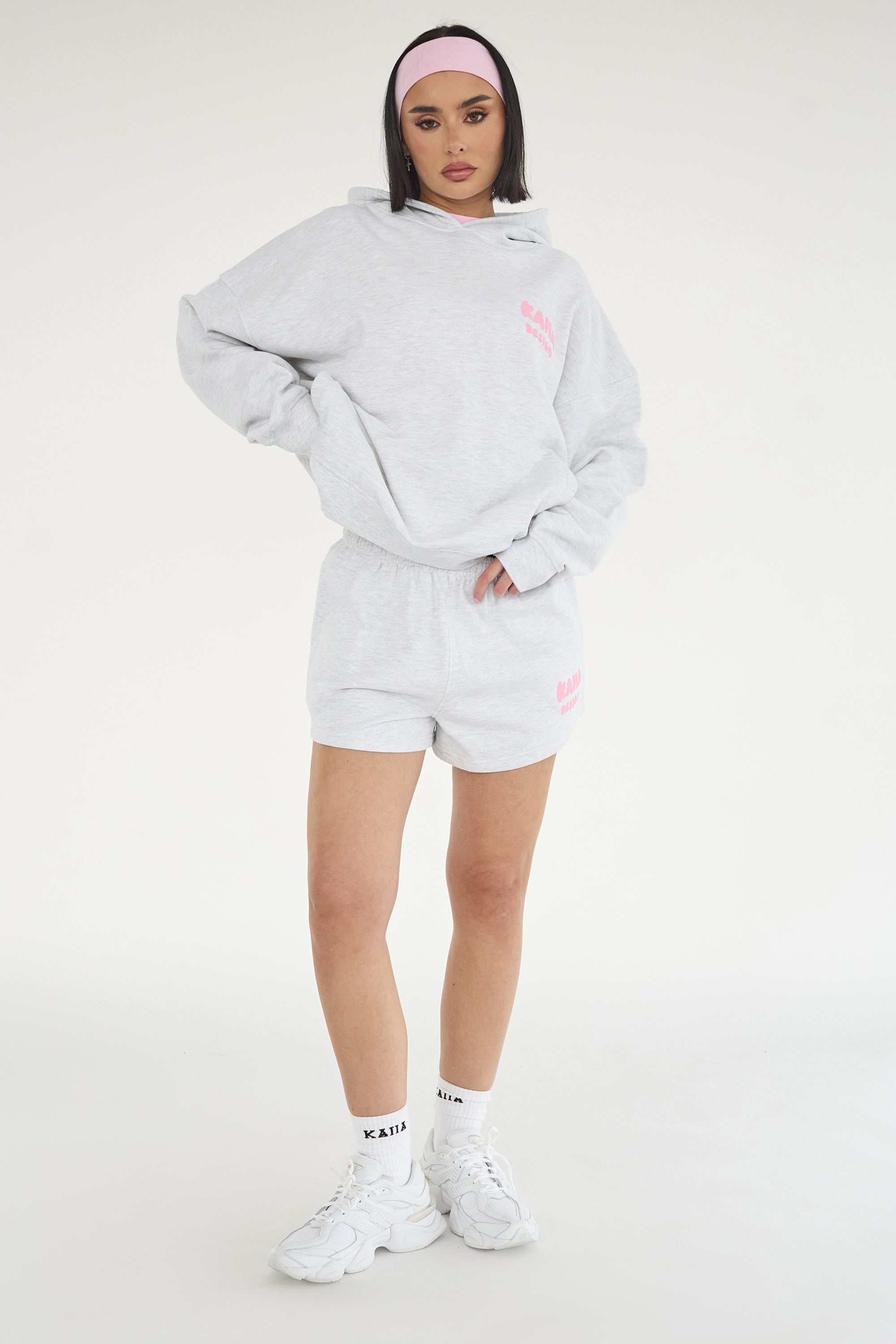 Kaiia Design Bubble Logo Oversized Hoodie Lt Grey Marl & Pink