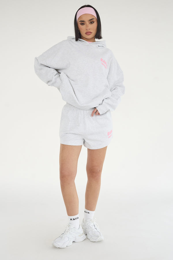 Kaiia Design Bubble Logo Oversized Hoodie Lt Grey Marl & Pink
