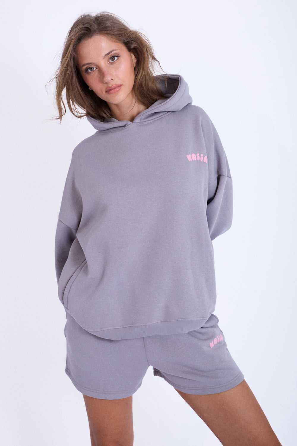 Kaiia Embossed Bubble Logo Oversized Hoodie Slate Grey & Pink