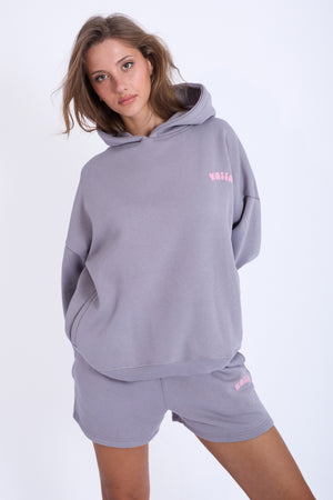 Kaiia Embossed Bubble Logo Oversized Hoodie Slate Grey & Pink