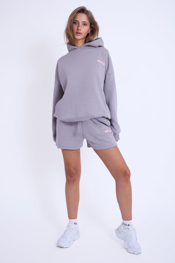 Kaiia Embossed Bubble Logo Oversized Hoodie Slate Grey & Pink