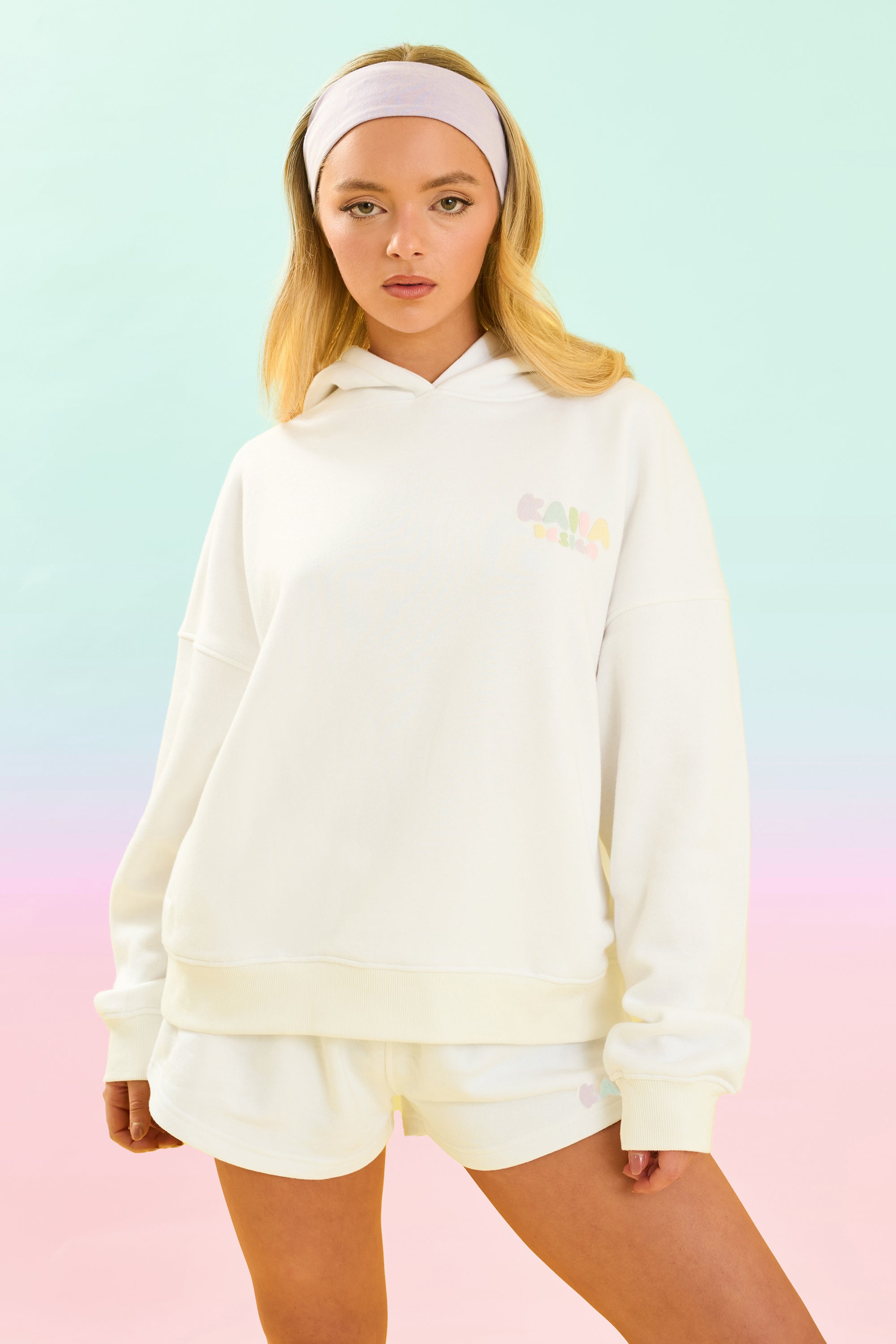 Kaiia Design Bubble Logo Oversized Hoodie Cream & Rainbow