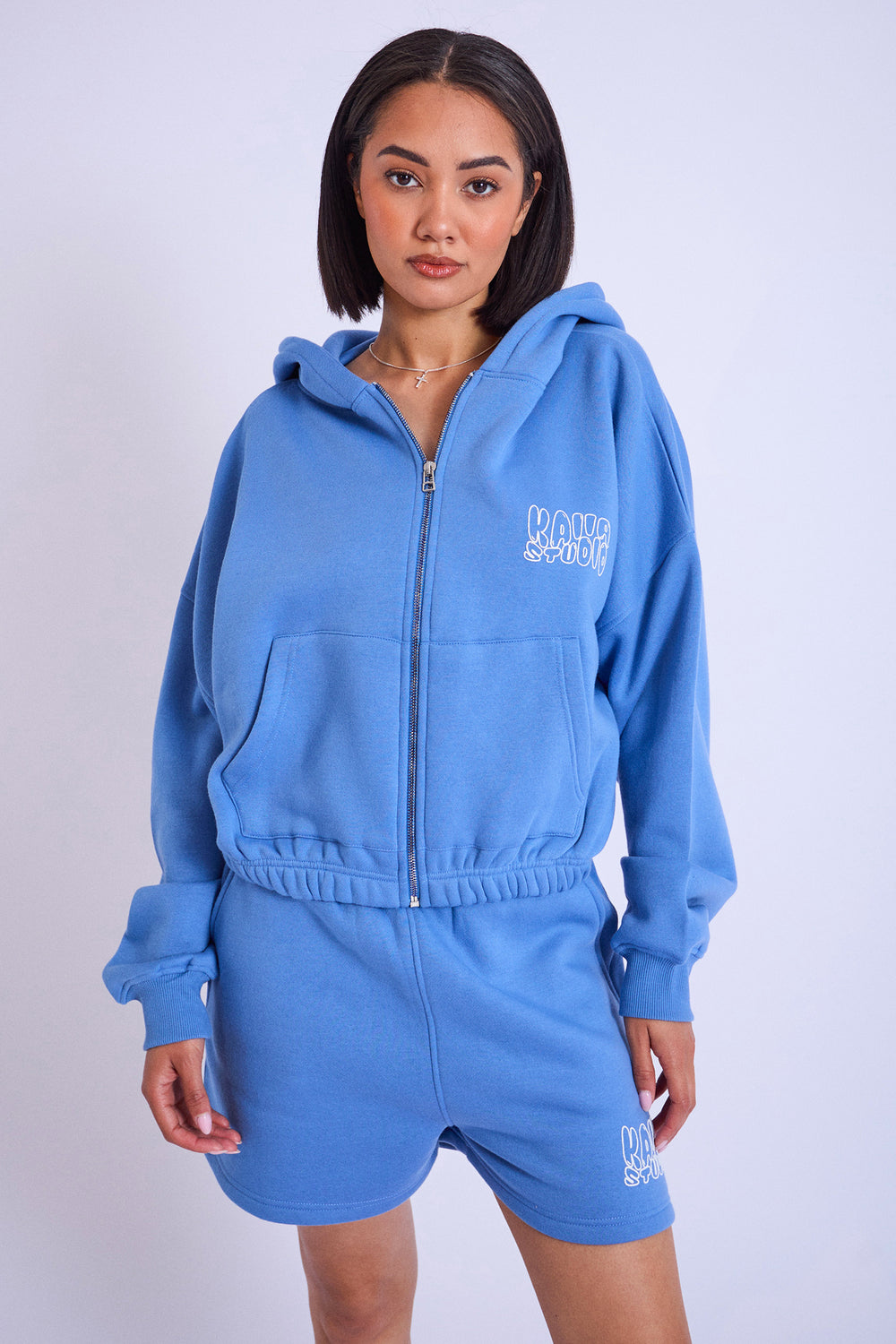 Kaiia Studio Cropped Oversized Zip Up Hoodie Blue