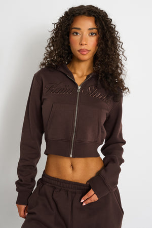 Kaiia Studio Script Logo Cropped Zip Up Hoodie Mocha