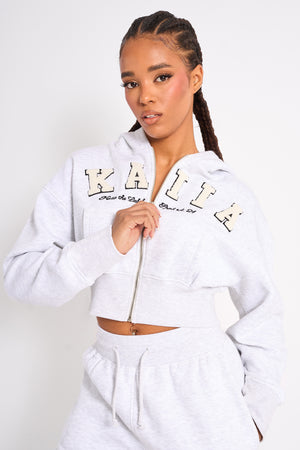 Kaiia Slogan Cropped Zip Up Hoodie Light Grey Marl & White