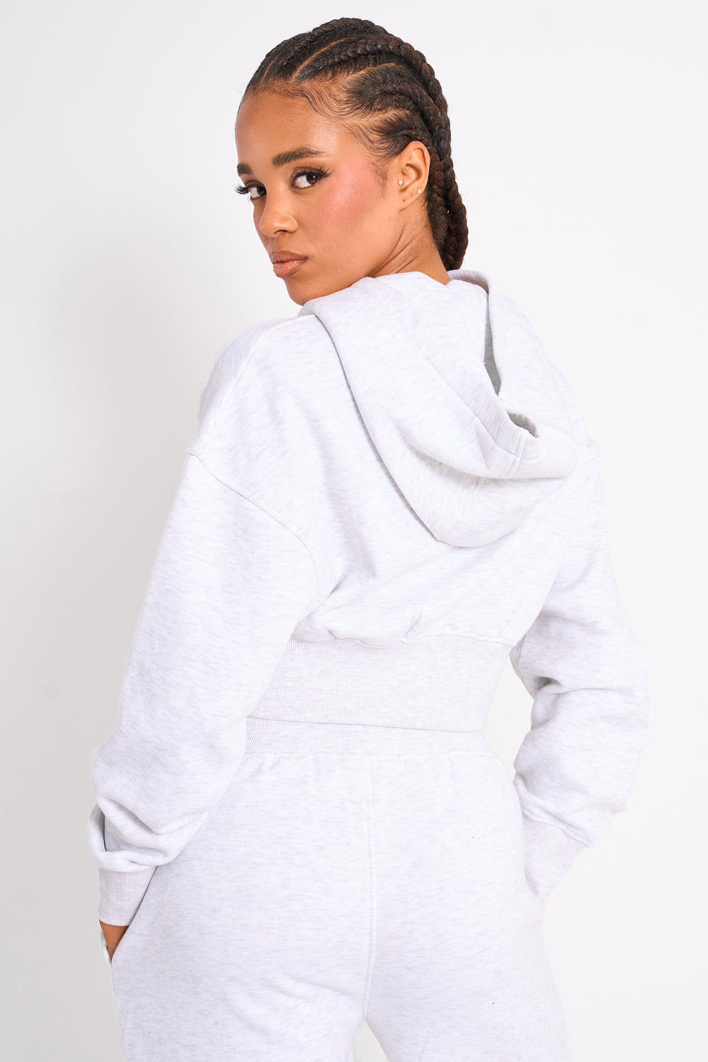 Kaiia Slogan Cropped Zip Up Hoodie Light Grey Marl & White