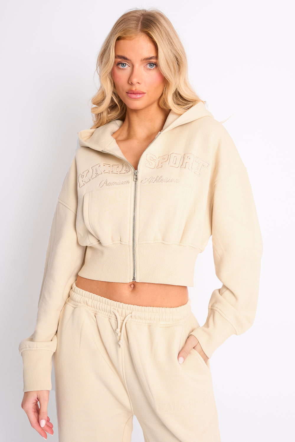 Kaiia Sport Logo Cropped Zip Up Hoodie Buttercream