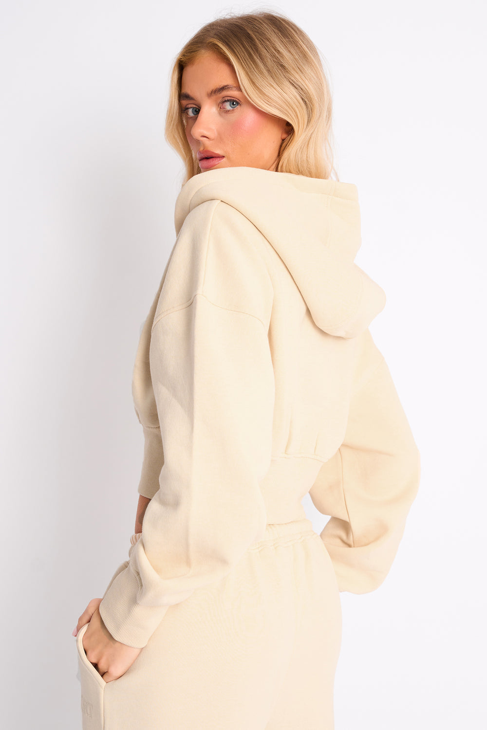 Kaiia Sport Logo Cropped Zip Up Hoodie Buttercream