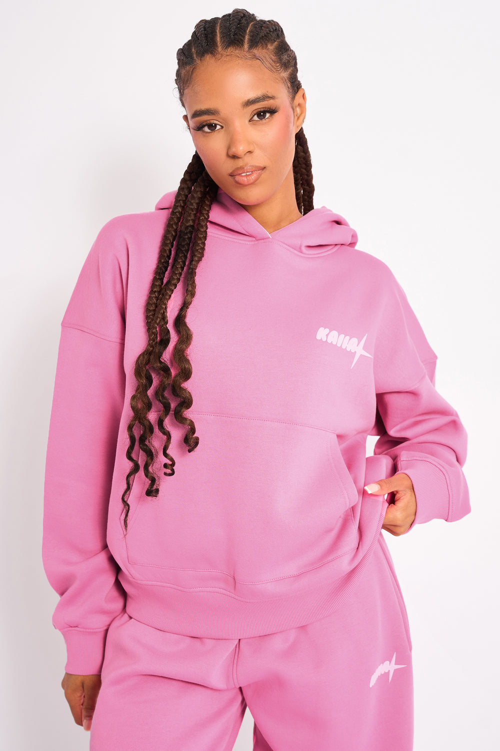 Kaiia Star Contrast Hood Oversized Hoodie Pink