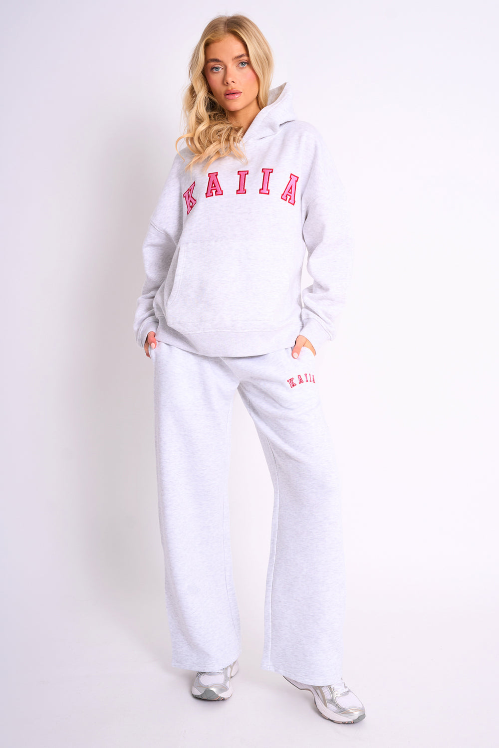 Kaiia Slogan Oversized Hoodie Light Grey Marl & Pink Contrast