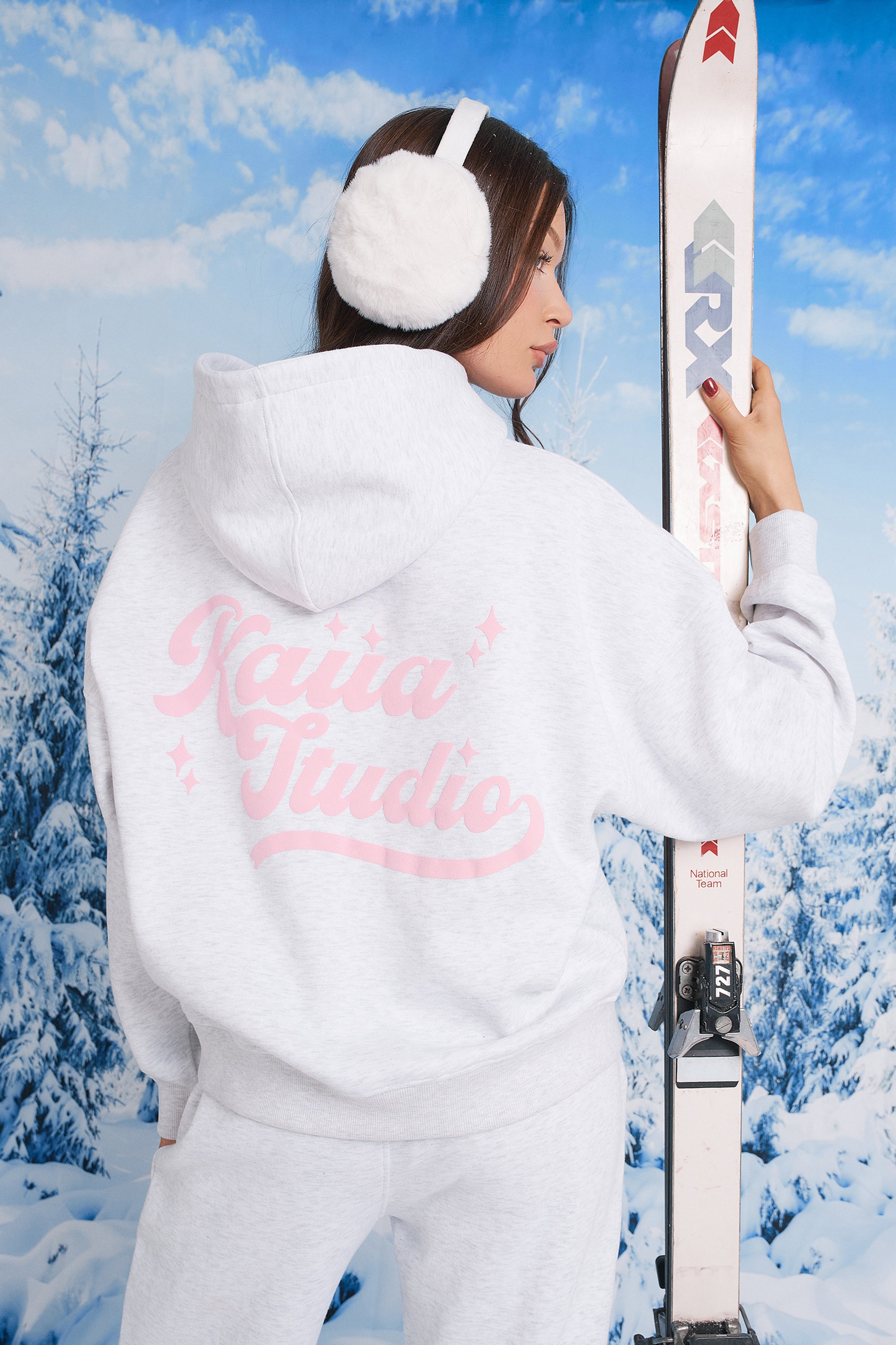 Kaiia Studio Bubble Script Oversized Hoodie Grey Marl & Pink