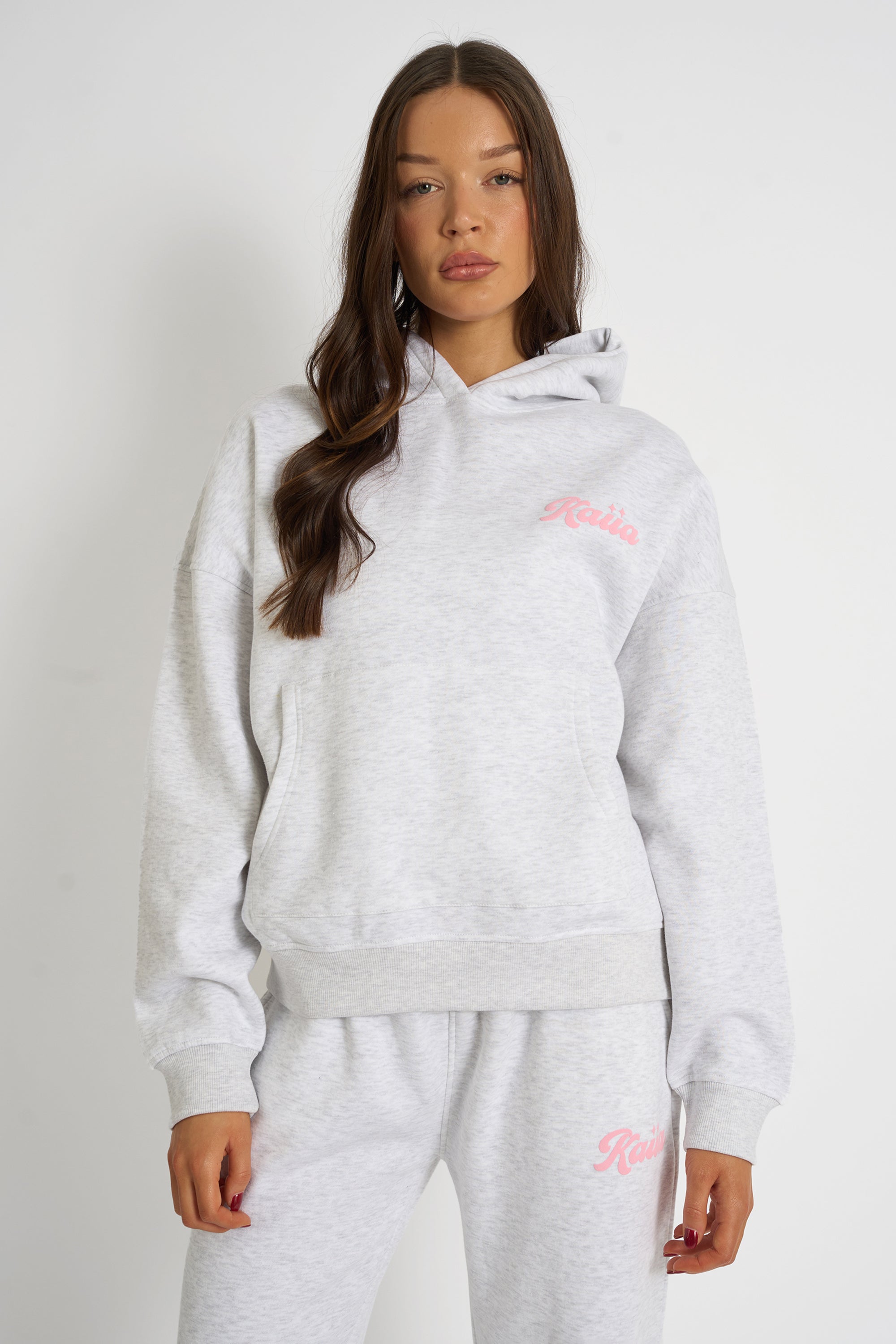Kaiia Studio Bubble Script Oversized Hoodie Grey Marl & Pink